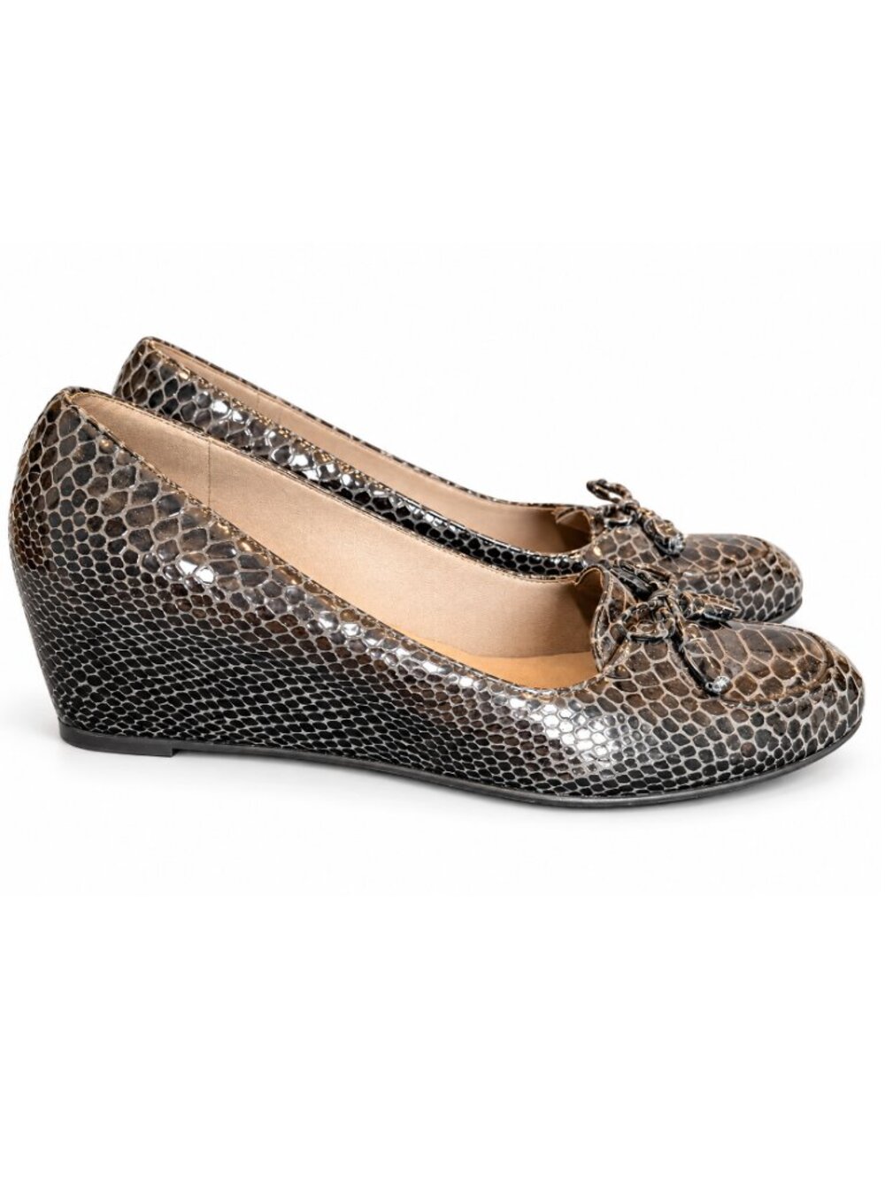 Stuart Weitzman Nicetie Snake embossed Patent Leather wedges brown